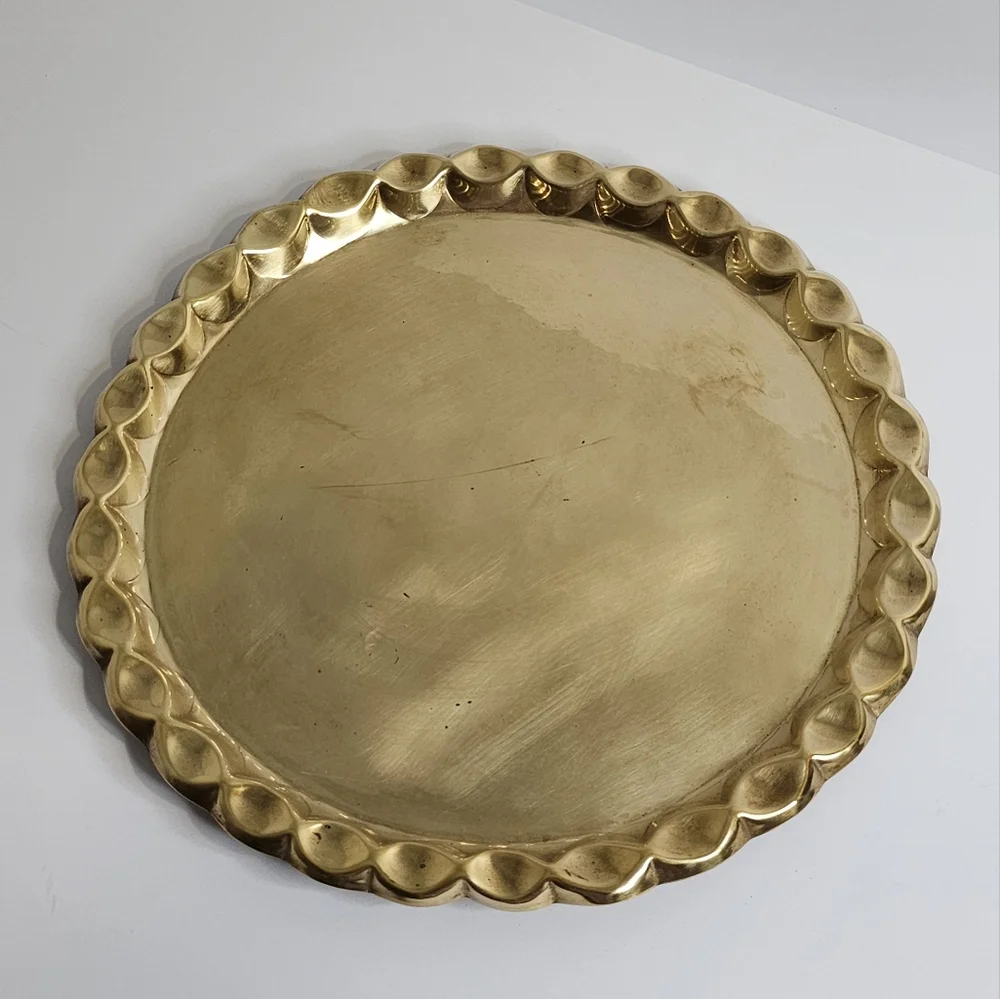 Vintage Moroccan Handmade Brass Tray Plate Morocco Scalloped Edge